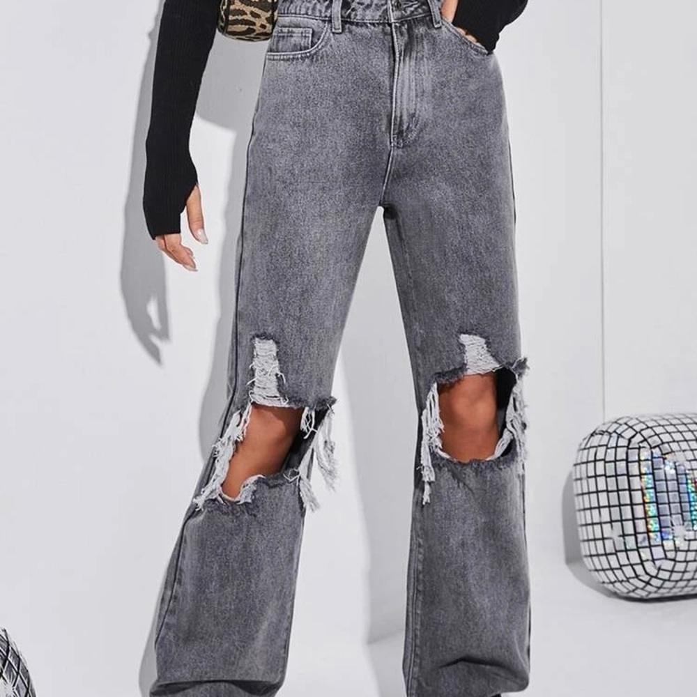 High Waist Cut Out Ripped Frayed Wide Leg Jeans